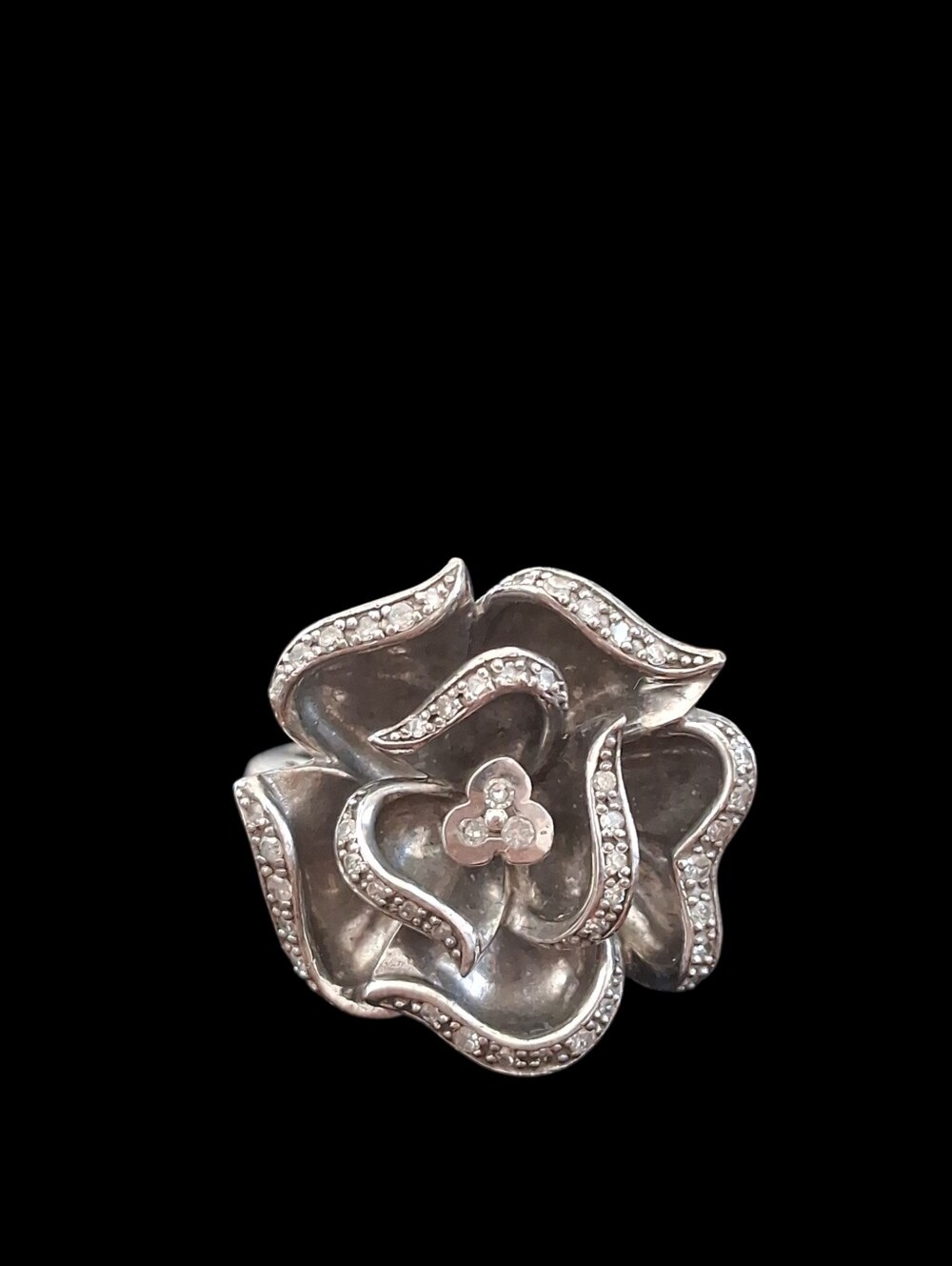 925 Sterling Silver 3D Rose Flower Statement Ring Accent Stones Sz 7 6g